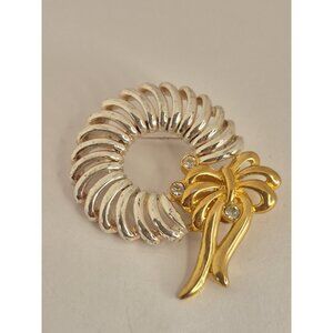 Vintage Silver Wreath Gold Bow Brooch Signed DANCRAFT 1.75"